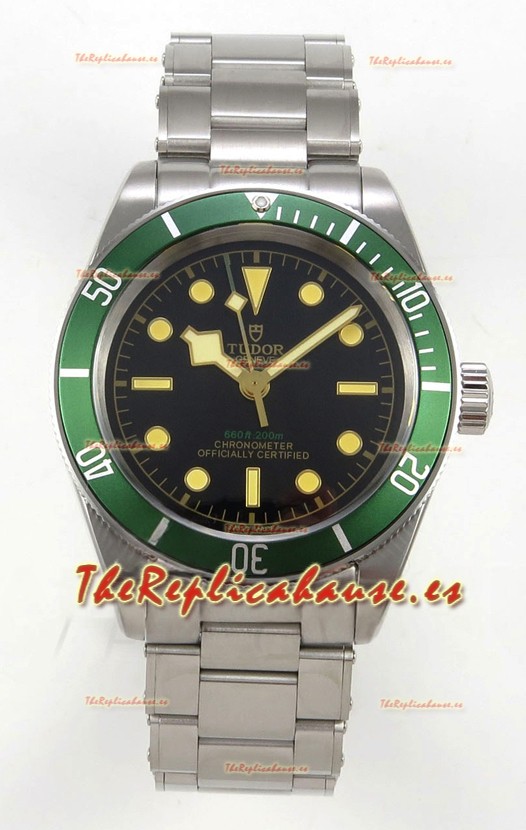Reloj Tudor Black Bay 41 con esfera negra y bisel verde, réplica del Oyster Superclon