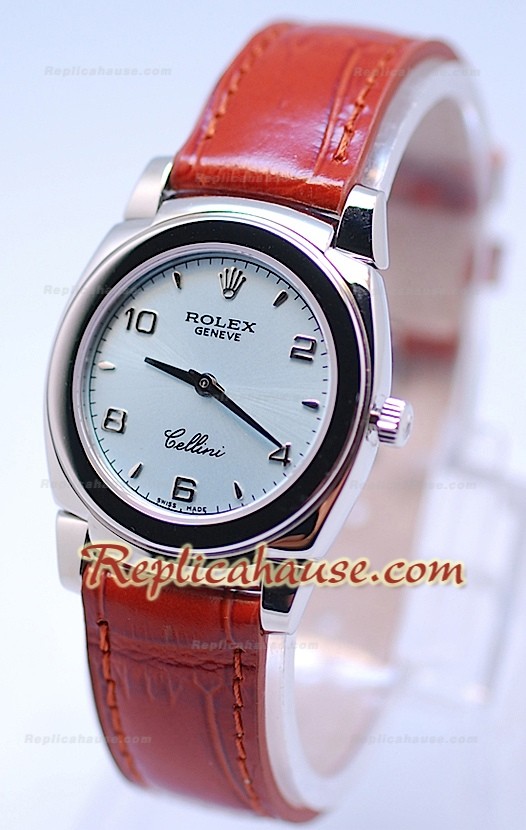 Rolex Celleni Cestello Reloj Suizo Señoras Esfera Plata y Correa Marrón
