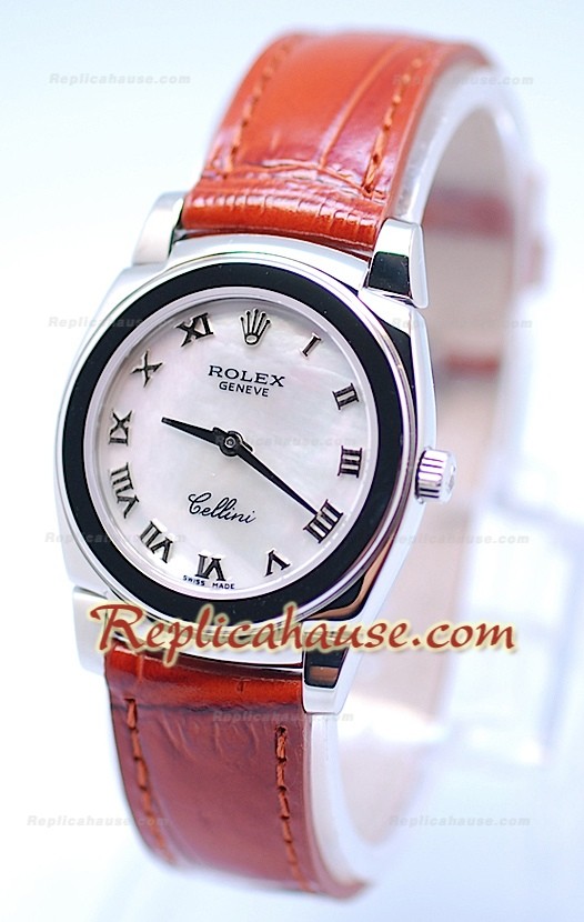 Rolex Celleni Cestello Reloj Suizo Señoras Esfera Romana Perla y Correa Marrón