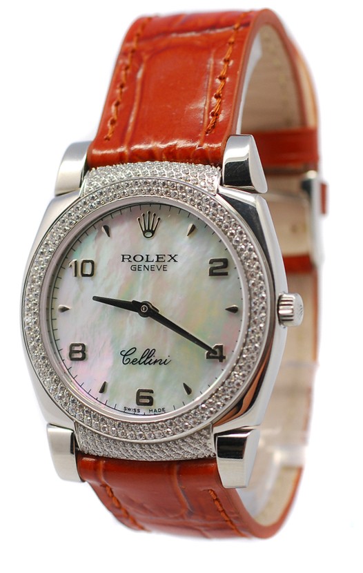 Rolex Celleni Cestello Reloj Suizo Señoras con Esfera Perla beige, Correa de Piel, Diamantes en Bisel y Terminales