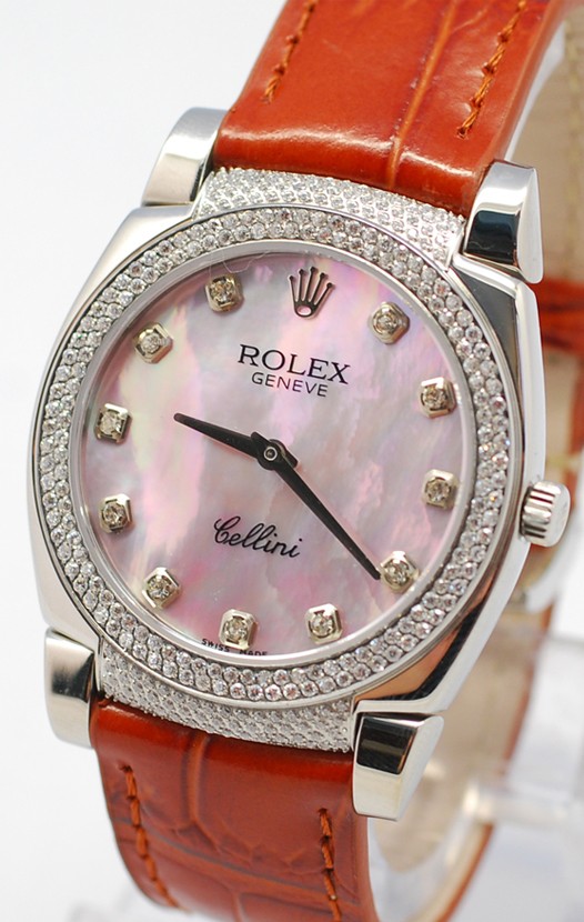 Rolex Celleni Cestello Reloj Suizo Señoras Penk con Esfera Perla, Correa de Piel con Diamantes en Horas, Bisel y Terminales