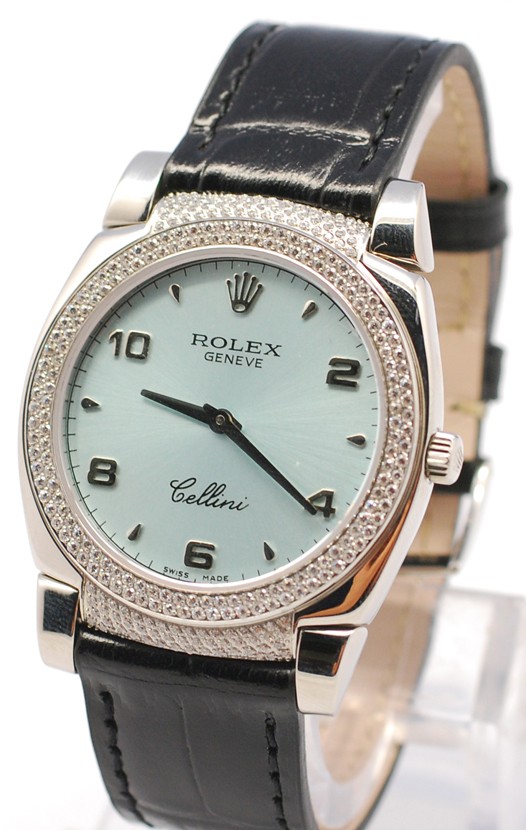 Rolex Celleni Cestello Reloj Suizo Señoras con Esfera Azul, Correa de Piel Negra y Diamantes en Bisel y Lugs