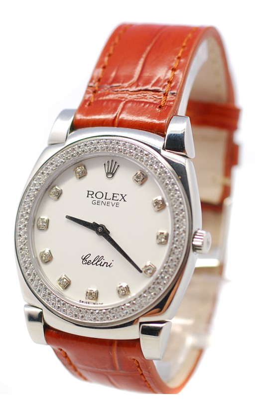 Rolex Celleni Cestello Reloj Suizo Señoras con Esfera Blanca, Correa de Piel, Diamantes en Bisel y Marcas de Hora