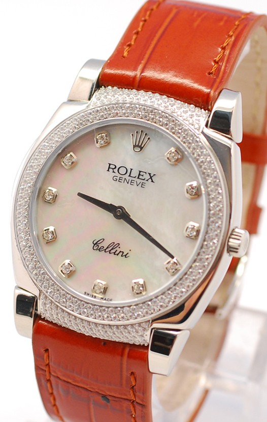 Rolex Celleni Cestello Reloj Suizo Señoras con Esfera Perla Blanca, Correa de Piel, Diamantes en Horas, Bisel y Terminales