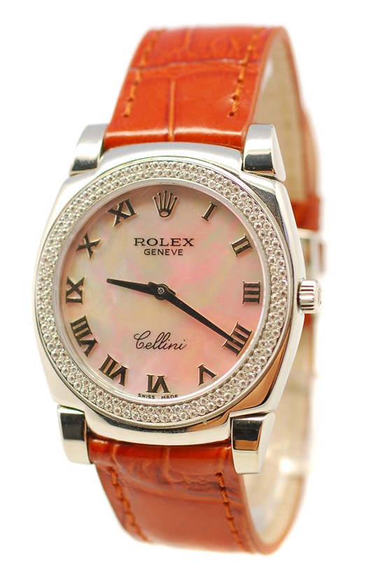 Rolex Celleni Cestello Reloj Suizo Señoras con Esfera Beige Perla Romana, Correa de Piel y Diamantes en Bisel