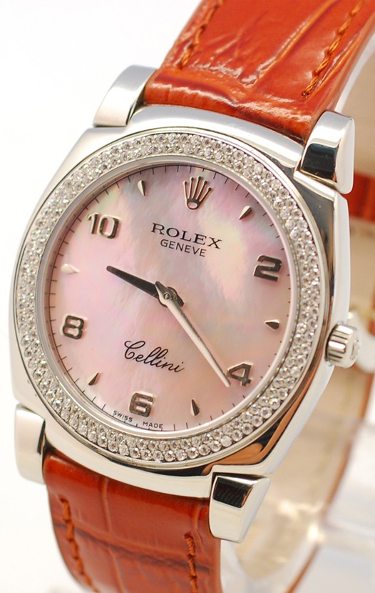 Rolex Celleni Cestello Reloj Suizo Señoras Penk con Esfera Perla, Correa de Piel y Diamantes en Bisel