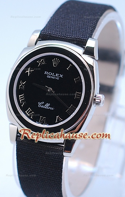 Rolex Celleni Cestello Reloj Suizo Señoras Esfera Romana Negra y Correa de Nilón