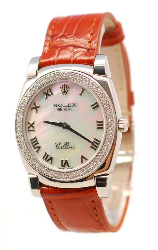 Rolex Celleni Cestello Reloj Suizo Señoras con Esfera Blanca Perla Romana, Correa de Piel y Diamantes en Bisel
