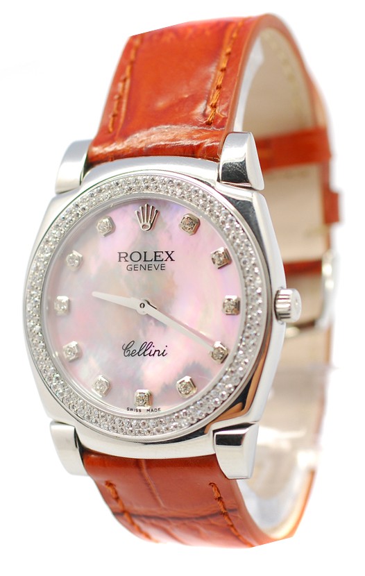 Rolex Celleni Cestello Reloj Suizo Señoras Penk Pearl, Correa de Piel, Diamantes en Bisel y Marcas de Hora
