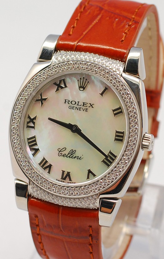 Rolex Celleni Cestello Reloj Suizo Señoras con Esfera Perla Blanca Romana, Correa de Piel y Diamantes en Bisel y Terminales