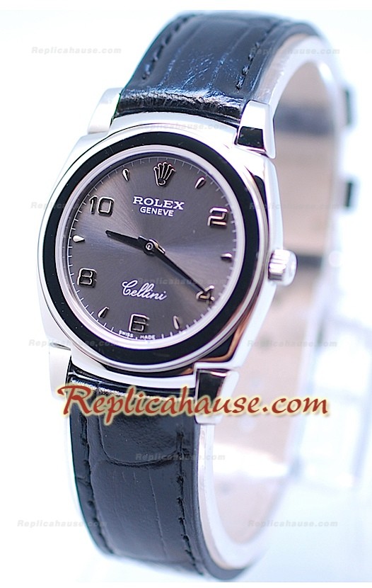 Rolex Celleni Cestello Reloj Suizo Señoras Esfera Gris Platay Correa Negrga