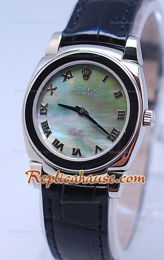 Rolex Celleni Cestello Reloj Suizo Señoras Esfera Verde Perla y Correa de Piel