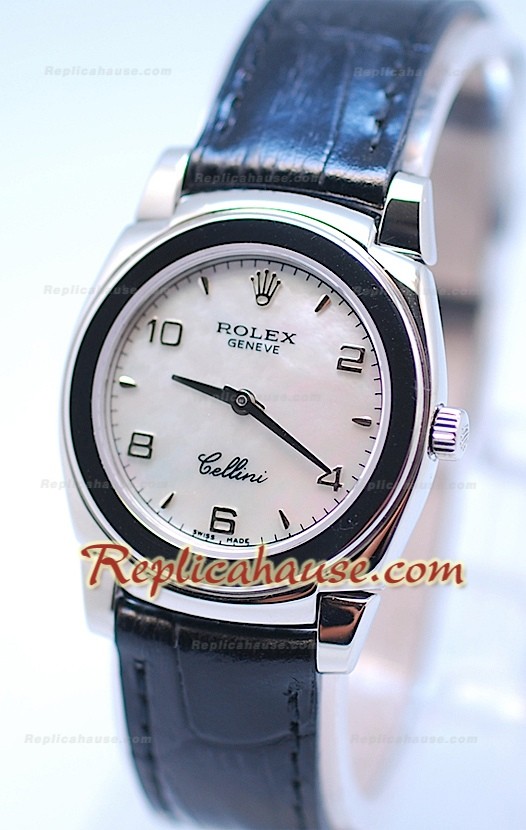 Rolex Celleni Cestello Reloj Suizo Señoras Esfera Perla Blanca y Correa de Piel