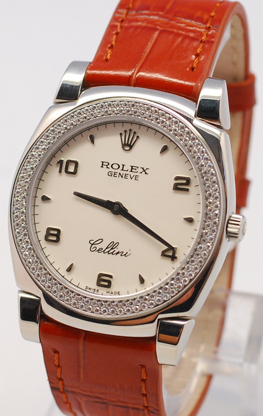 Rolex Celleni Cestello Reloj Suizo Señoras con Esfera Blanca, Correa de Piel y Diamantes en Bisel