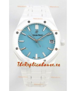 Reloj Royal Oak 15500 con esfera azul Tiffany y cerámica blanca, réplica perfecta
