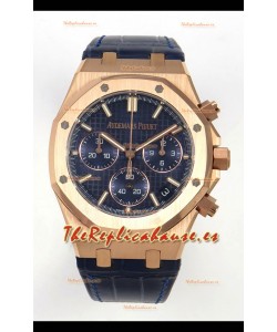 Reloj Royal Oak Chrono 26240, oro rosa, esfera azul, correa de cuero, superclon