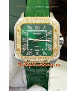Reloj réplica suizo Cartier Santos De Cartier con esfera verde y diamantes, bicolor