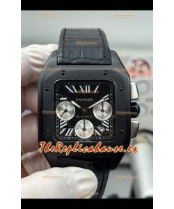Reloj réplica suizo Cartier Santos 100 con revestimiento DLC, esfera negra y 44 mm