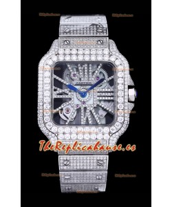 Reloj Cartier "Santos De Cartier" Skeleton con moissanita pavimentada, superclone