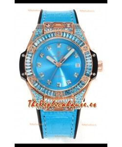 Reloj Hublot Big Bang One Click de moissanita, oro rosa, superclon con esfera azul