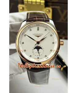 Reloj Longines Master Automatic Moonphase con esfera blanca y oro rosa, superclon
