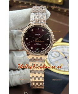 Reloj Omega De Ville automático 34 mm con esfera burdeos y caja de oro rosa, réplica de alta calidad