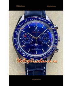 Reloj Omega Speedmaster Moonphase con esfera azul y correa de cuero, superclon