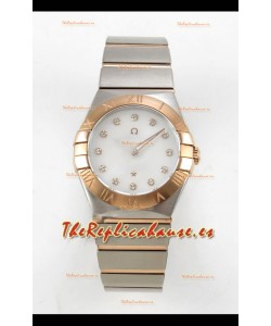 Reloj Omega Constellation Superclon de 28 mm, bicolor oro rosa, esfera perlada, cuarzo