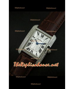 Cartier Tank Française para damas malla bisel de diamantes estuche de acero.