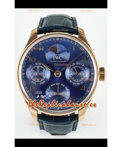 IWC Super Clone Portuguese Perpetual Calendar Rose Dial Dorado Azul Reloj Réplica