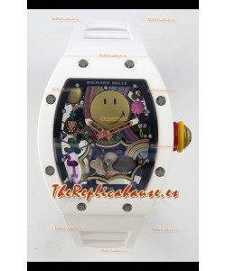 Richard Mille Super Clone RM088 Smiley Tourbillon Cerámica Blanca Reloj Correa de Goma