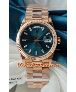 Reloj Rolex Day Date Super Clone Oro Rosado Dial Dorado Azul Numerales Cristal 36MM - Calidad Espejo 1:1