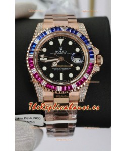 Reloj Rolex GMT Masters Super Clone Diamantes Suizos con Caja de Oro Rosado 904L - Calidad Espejo 1:1