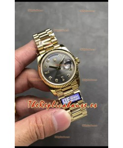 Rolex Day Date Super Clone Oro Amarillo Dial Gris Reloj Numerales Diamantes 36MM - 1:1 Calidad Espejo