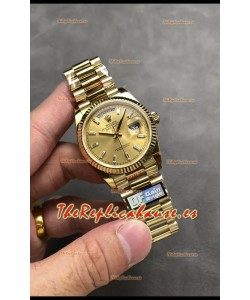 Rolex Day Date Super Clone Caja y Dial Oro Amarillo Reloj Marcadores Hora en Cristal 36MM - 1:1 Calidad Espejo