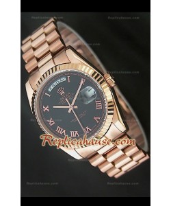 Rolex DayDate Reproducción Reloj Suizo en Oro Rosa y Esfera de color Negro