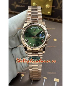 Reloj Rolex Day Date 228236 de oro rosa con esfera verde y números romanos, réplica de alta calidad