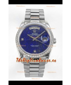 Reloj réplica suizo Rolex Day Date con esfera azul lapislázuli y bisel de diamantes de 36 mm