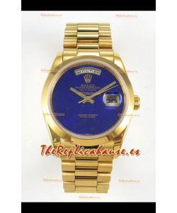 Reloj réplica suizo Rolex Day Date de oro amarillo con esfera azul lapislázuli de 36 mm