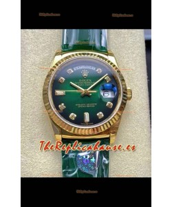 Reloj Rolex Day Date 128238 de oro amarillo con esfera verde degradada y diamantes, réplica de alta calidad