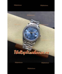 Reloj réplica suizo Rolex Day Date 128396TBR con caja de acero, esfera azul hielo con números romanos