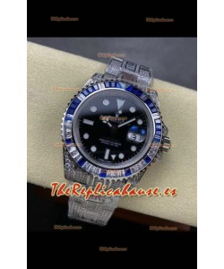 Reloj Rolex GMT Masters II superclone con incrustaciones de diamantes y esfera negra