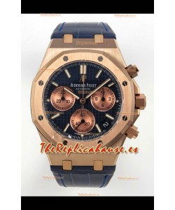 Reloj Royal Oak Chrono 26240, oro rosa, esfera azul, correa de cuero, superclon