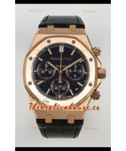Reloj Royal Oak Chrono 26240, oro rosa, esfera negra, correa de cuero, superclon