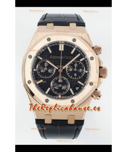 Reloj Royal Oak Chrono 26240, oro rosa, esfera negra, correa de cuero, superclon