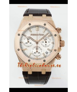 Reloj Royal Oak Chrono 26240, oro rosa, esfera blanca, correa de cuero, superclon