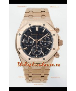 Reloj Royal Oak Chrono 26240 con correa de oro rosa y esfera negra, réplica de alta calidad