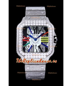 Reloj Cartier "Santos De Cartier" Skeleton con moissanita pavimentada, superclone