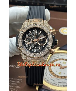 Reloj Hublot Big Bang Unico con caja de oro rosa y diamantes, réplica exacta de un superclásico