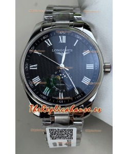 Reloj Longines Master Automatic Moonphase con esfera negra y caja de acero, superclon